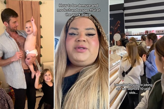 tiktok screenshots of the "four seasons baby," jools lebron and a group of tweens in a Sephora store