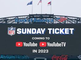 Close-up of a stadium screen displaying Sunday Ticket Coming To YouTube TV In 2023