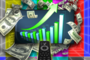 A flat screen TV with rising bar chart and arrow pointing up surrounded by a flurry of cash.