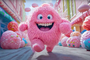 A still of one of Pika Labs creations of an animated happy pink furry monster running down a road with a colorful candy-like and whimsical town in the background.