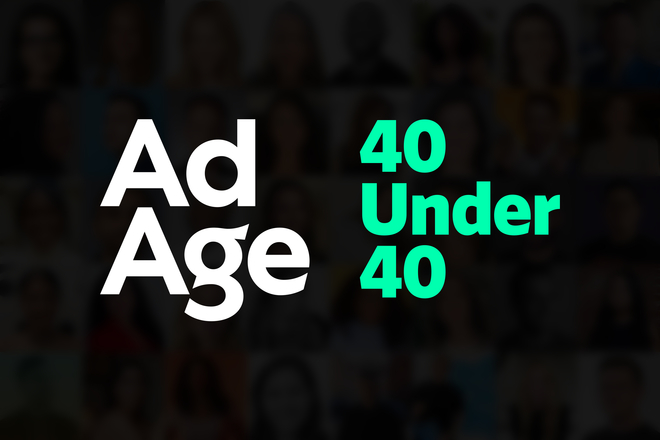 Blurred collage of Ad Age 40 Under 40 honorees in background with Ad Age 40 Under 40 logo overlaid
