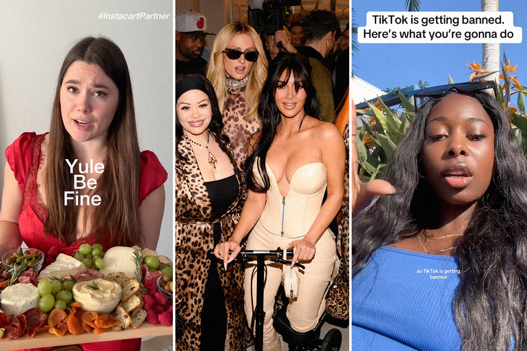 A triptych of social media posts: A screenshot of Olivia Maher holding a charcuterie board with the words &ldquo;Yule Be Fine&rdquo; overlaid on top of the image in the center, and #InstacartPartner in the top right corner; a photo from Skims' flagship store opening featuring Kim Kardashian surrounded by celebrities and influencers; and a screenshot of creator @justinescameraroll_ talking to the camera about the TikTok ban with the words &ldquo;TikTok is getting banned. Here&rsquo;s what you&rsquo;re gonna do&rdquo; written at the top.