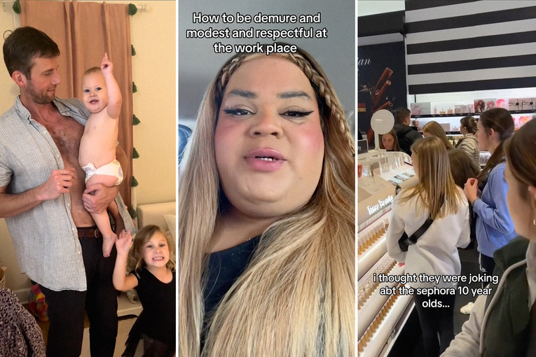 A triptych of TikTok screenshots: One of the "Four Seasons baby," held by her dad, raising her hand in the air; one of Jools Lebron sitting in her car with the words "How to be demure and modest and respectful at the work place" written at the top of her video still; and one of a group of young girls shopping in a Sephora store.