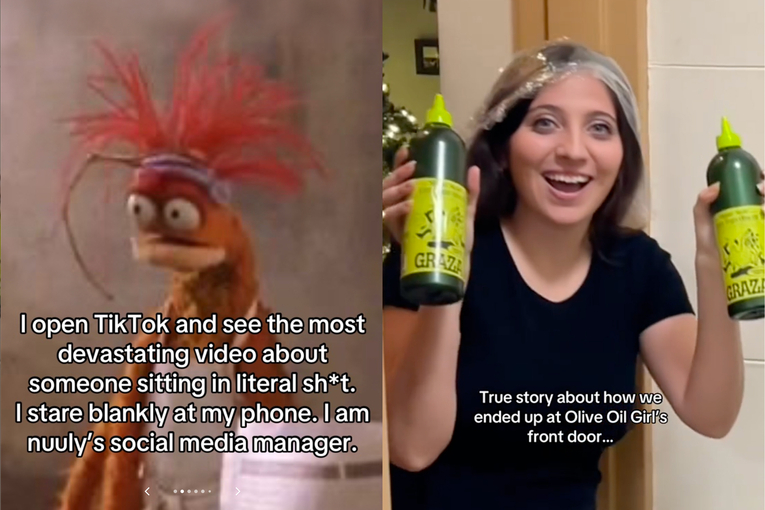 Two TikTok screenshots, one from Nuuly's response video following the trend format and one of "olive oil girl" holding up two bottles of Graza olive oil 