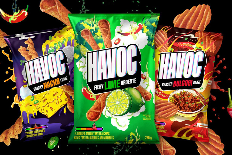 The three Havoc chip flavors&mdash;smoky nacho, fiery lime and bulgogi blaze.